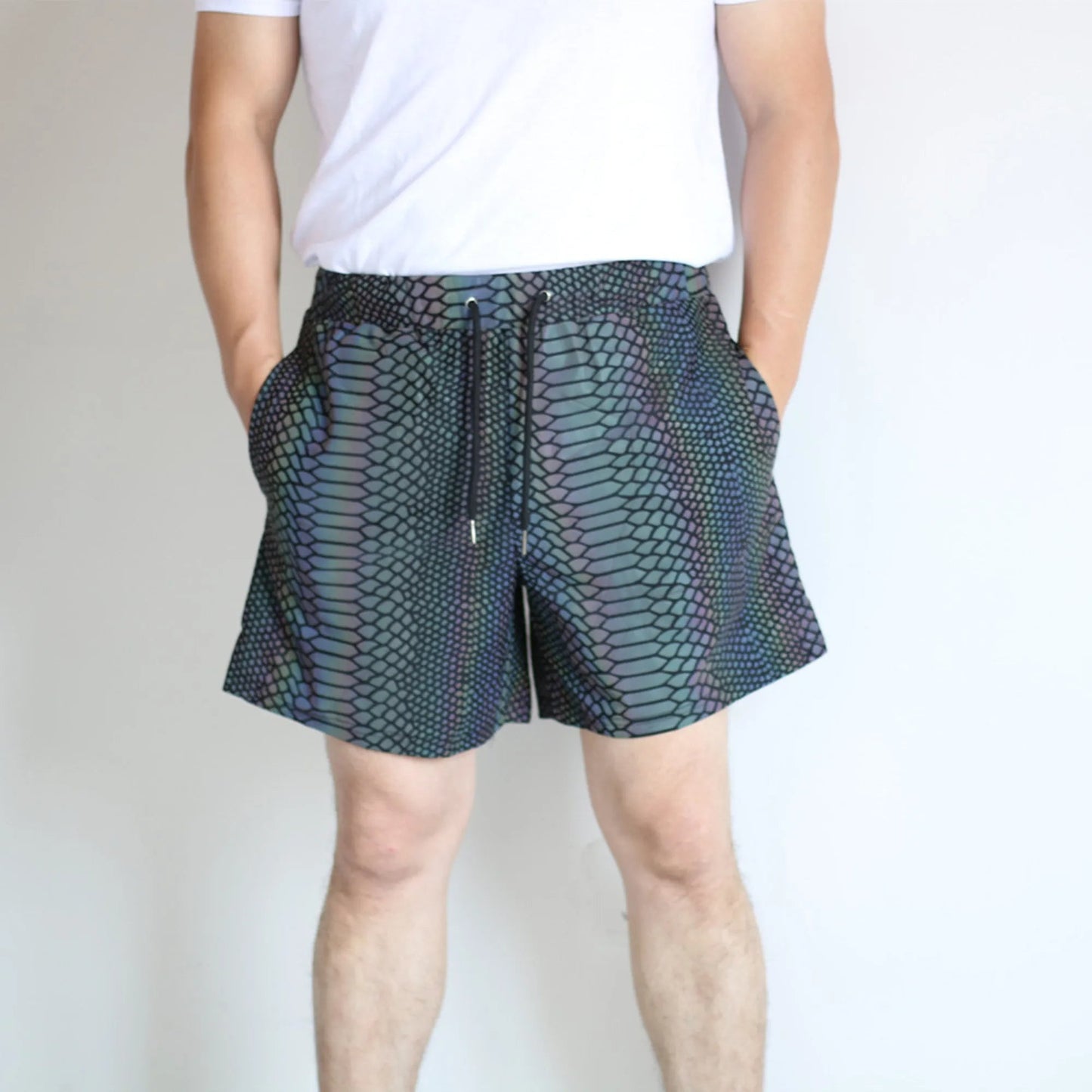 Men's Holographic Reflective Shorts – Rainbow Night Running Jogger Shorts | Snake, Tiger, Zebra & Mushroom Patterns