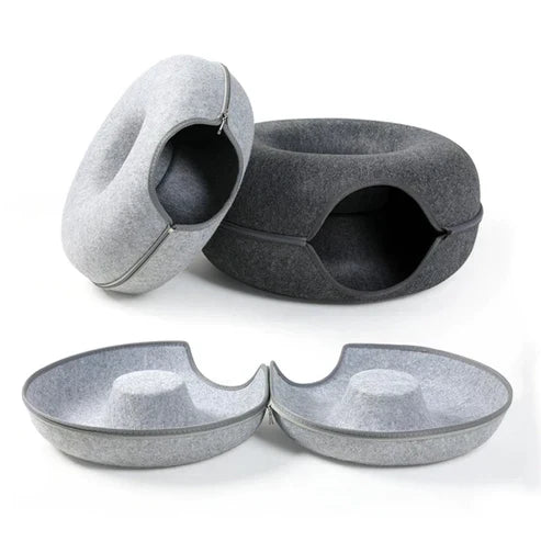 Donut Cat Bed Tunnel - 2-in-1 Foldable Wool Felt Pet Bed & Play Tunnel