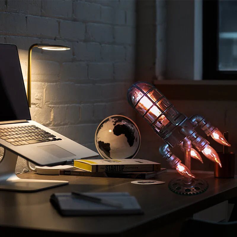 Steampunk Rocket Lamp – Vintage Industrial LED Table Light for Home, Office & Desk Decor