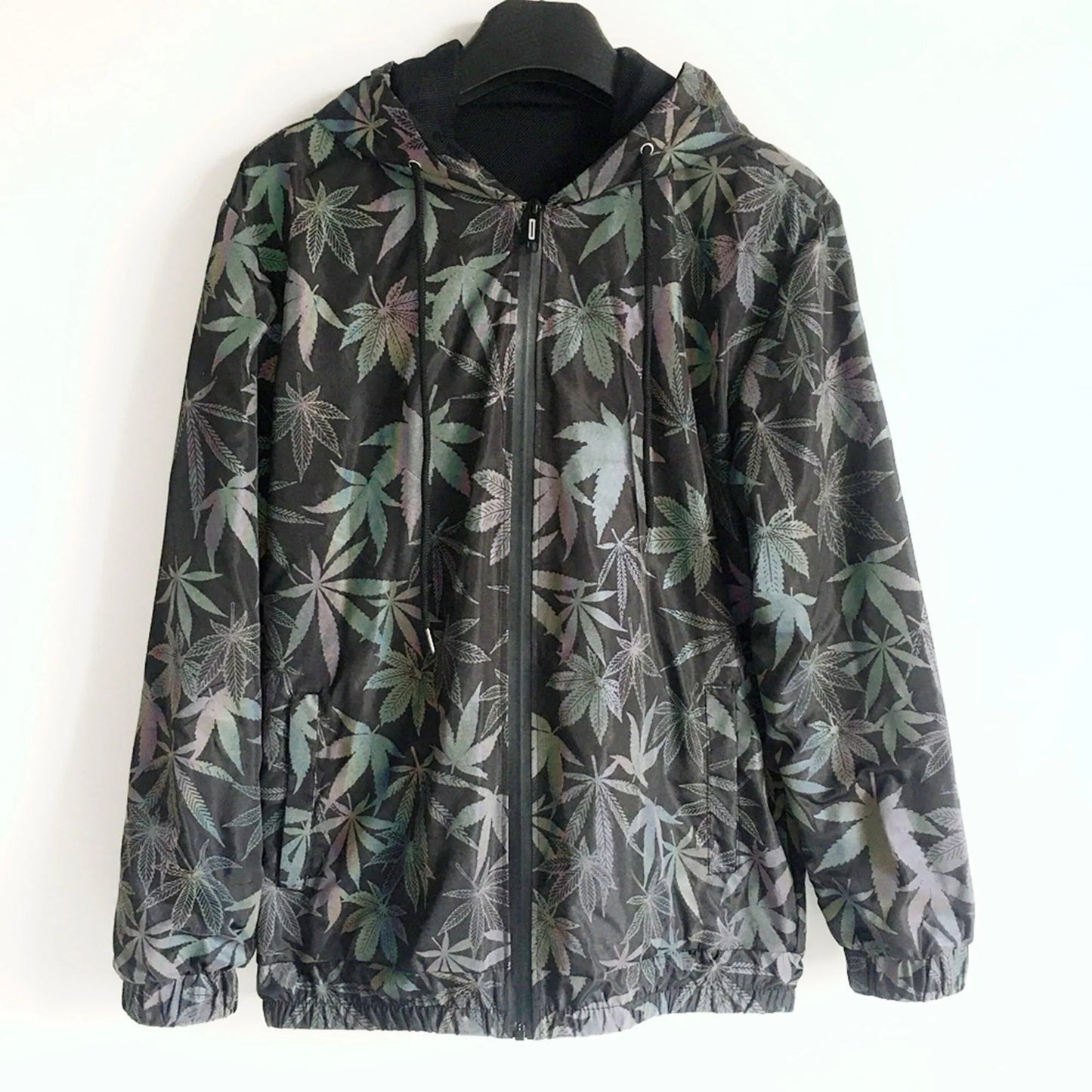 Geometric Reflective Leaf Pattern Jacket – Holographic Unisex Streetwear Coat