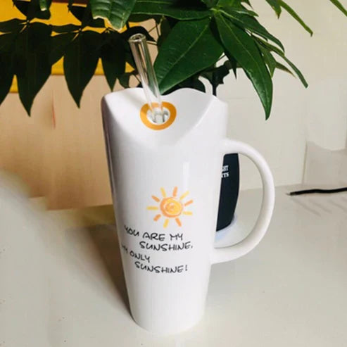 Good Vibes Elegant Ceramic Mug – 450ml Porcelain Coffee Cup with Straw