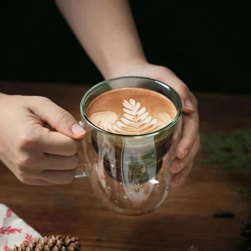 Christmas Tree Insulated Glass Coffee Mug – Borosilicate Double Wall | Festive Holiday Gift