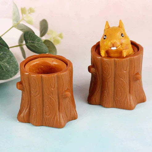 Squirrel Pop-Up Stress Relief Toy - Squeeze the Stump & Watch the Squirrel Pop Out! Silicone Sensory Toy