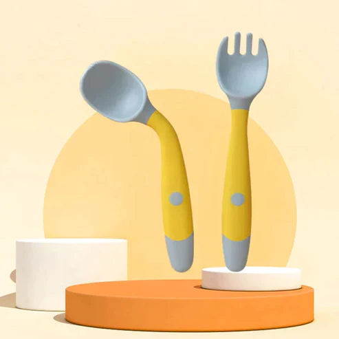 Bendable Training Soft Fork & Spoon for Infants - Food-Grade Silicone Self-Feeding Cutlery Set for Toddlers
