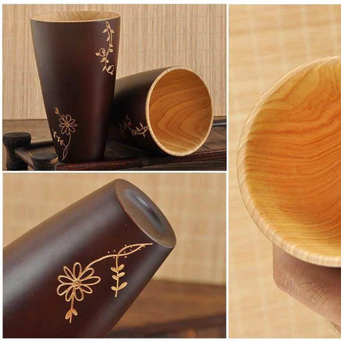 Natural Wooden Japanese Tea Cup – Handpainted Eco-Friendly Wood Teacup
