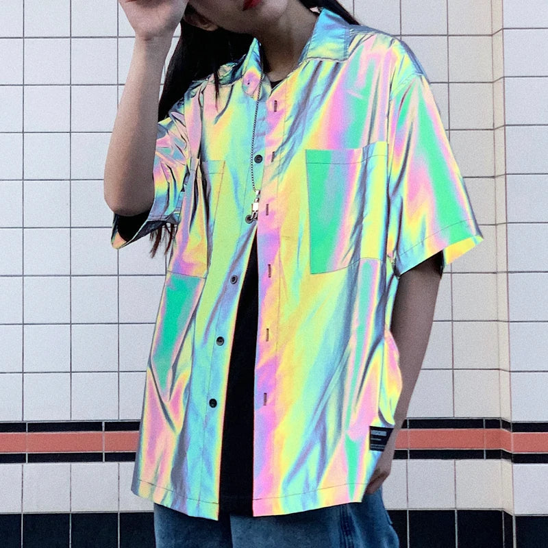 Reflective Short Sleeve Shirt – Holographic Streetwear Tee for Men