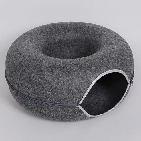 Donut Cat Bed Tunnel - 2-in-1 Foldable Wool Felt Pet Bed & Play Tunnel