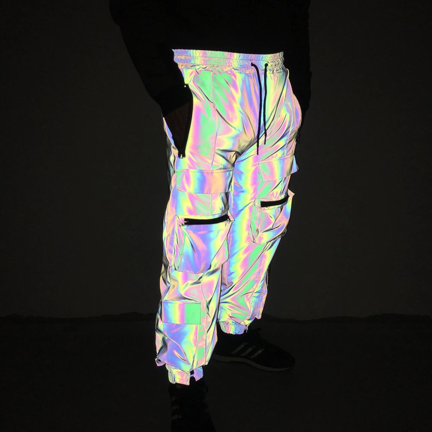 Reflective Geometric Cargo Pants – Holographic Hip Hop Rave Joggers