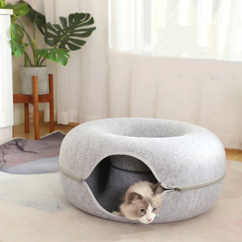Donut Cat Bed Tunnel - 2-in-1 Foldable Wool Felt Pet Bed & Play Tunnel