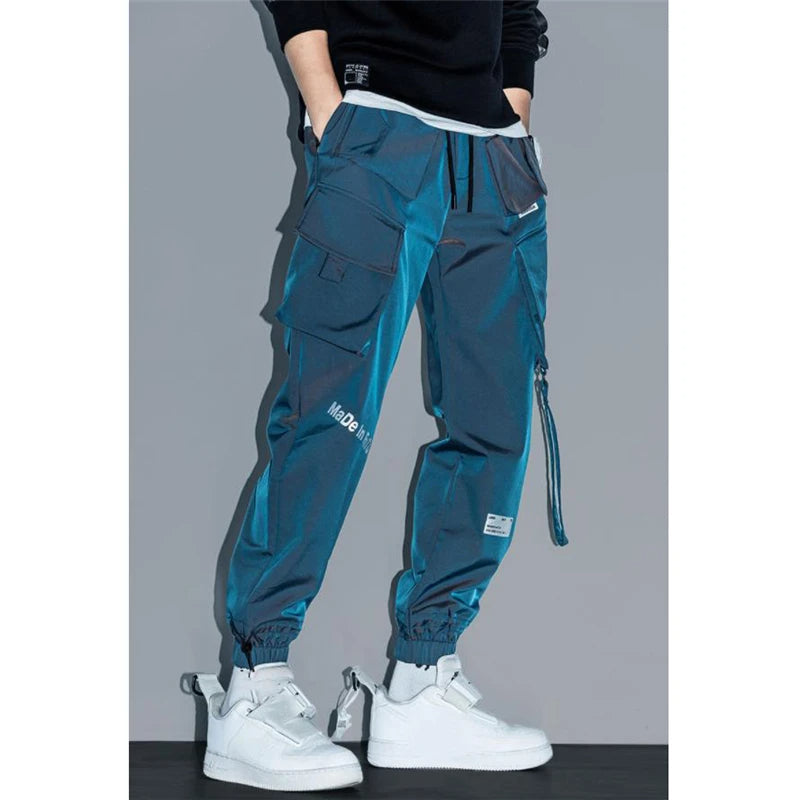 Multi-Pocket Cargo Trousers – Streetwear Utility Pants in Black & Blue