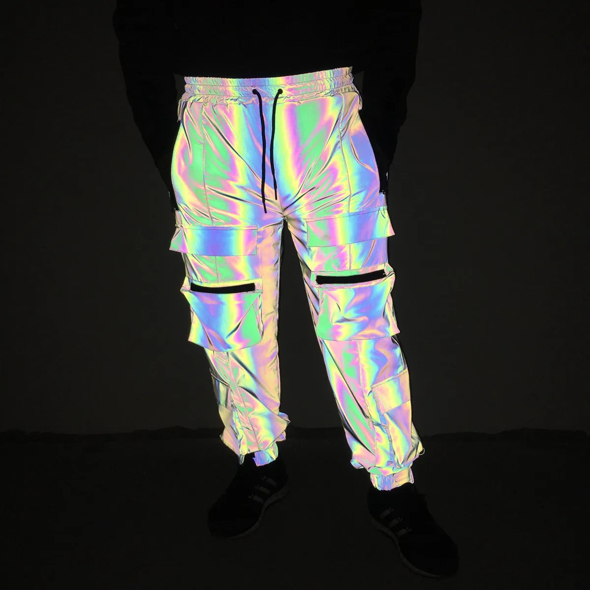 Reflective Geometric Cargo Pants – Holographic Hip Hop Rave Joggers