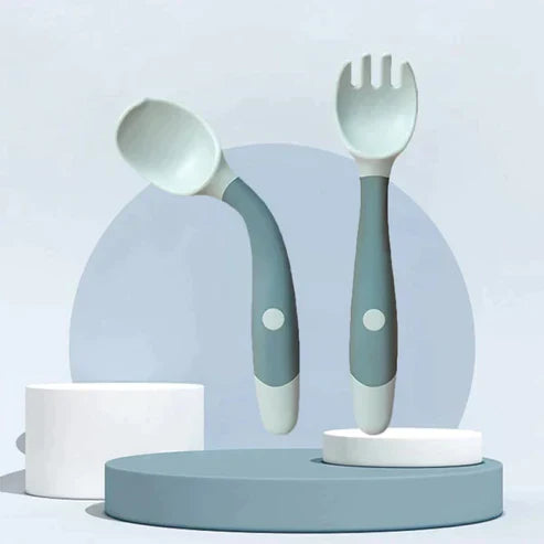 Bendable Training Soft Fork & Spoon for Infants - Food-Grade Silicone Self-Feeding Cutlery Set for Toddlers