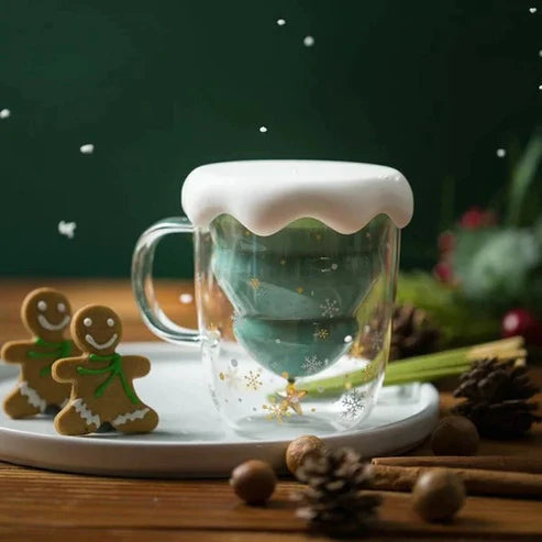 Christmas Tree Insulated Glass Coffee Mug – Borosilicate Double Wall | Festive Holiday Gift