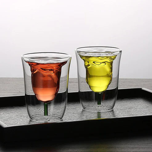 Flower Pattern Double-Layer Glass – 180ml Borosilicate Rose Glass Cup