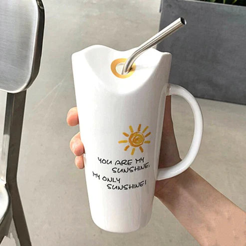 Good Vibes Elegant Ceramic Mug – 450ml Porcelain Coffee Cup with Straw