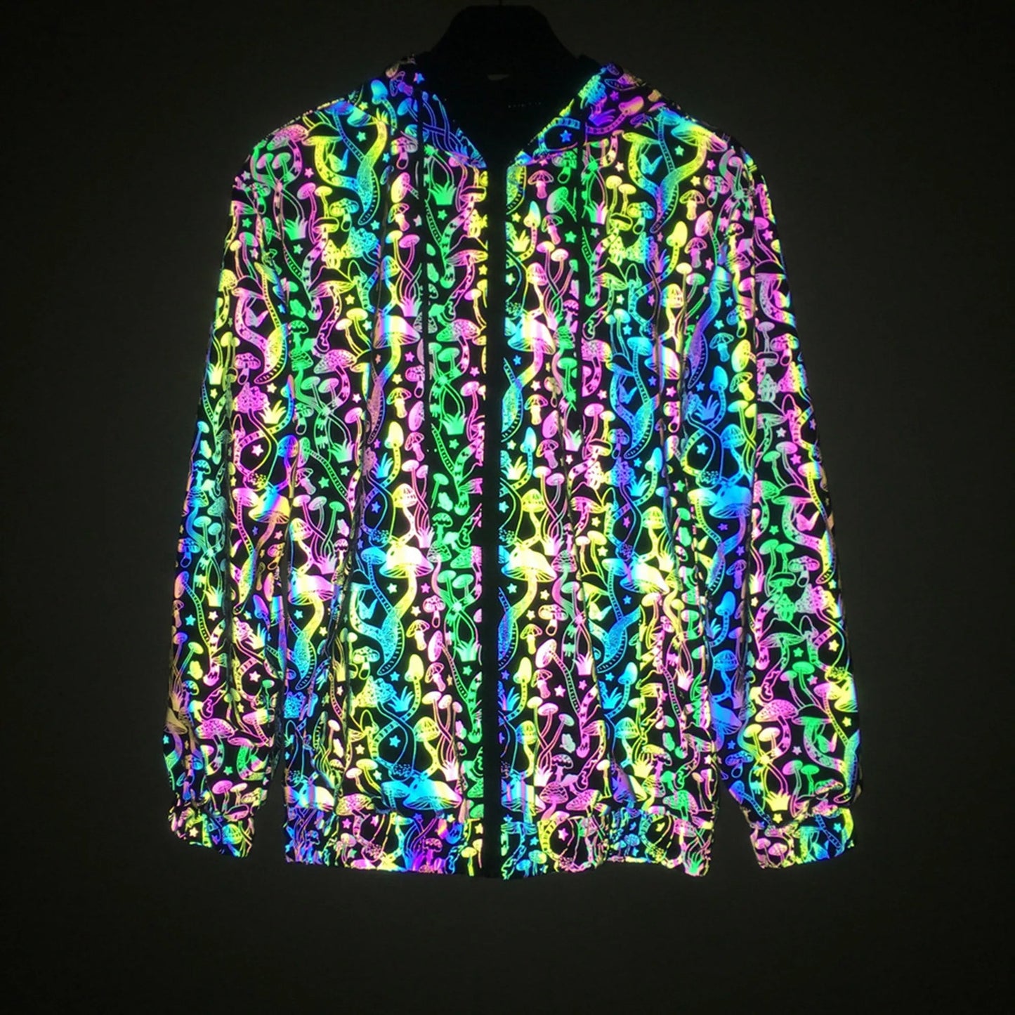 Geometric Reflective Mushroom Pattern Jacket – Holographic Unisex Streetwear Coat