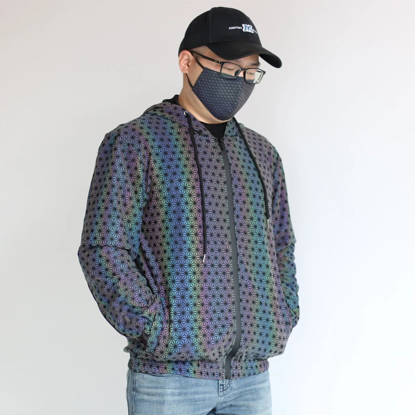 Reflective Geometric Pattern Jacket – Holographic Hip Hop Streetwear Coat
