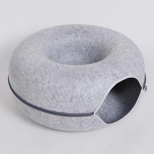 Donut Cat Bed Tunnel - 2-in-1 Foldable Wool Felt Pet Bed & Play Tunnel