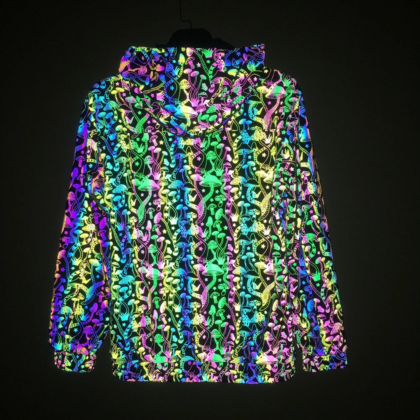 Geometric Reflective Mushroom Pattern Jacket – Holographic Unisex Streetwear Coat