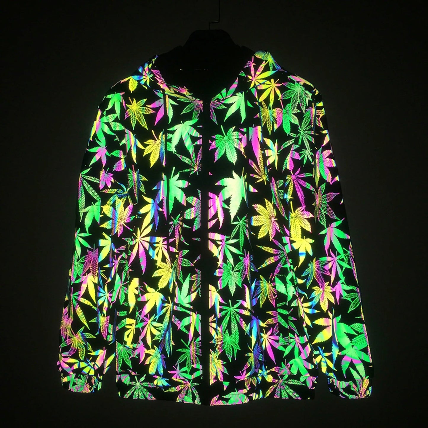 Geometric Reflective Leaf Pattern Jacket – Holographic Unisex Streetwear Coat