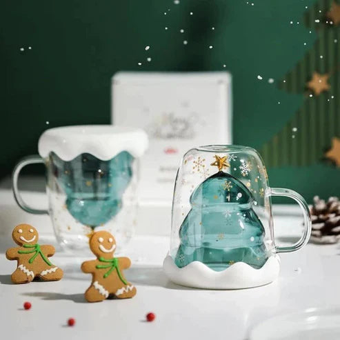 Christmas Tree Insulated Glass Coffee Mug – Borosilicate Double Wall | Festive Holiday Gift