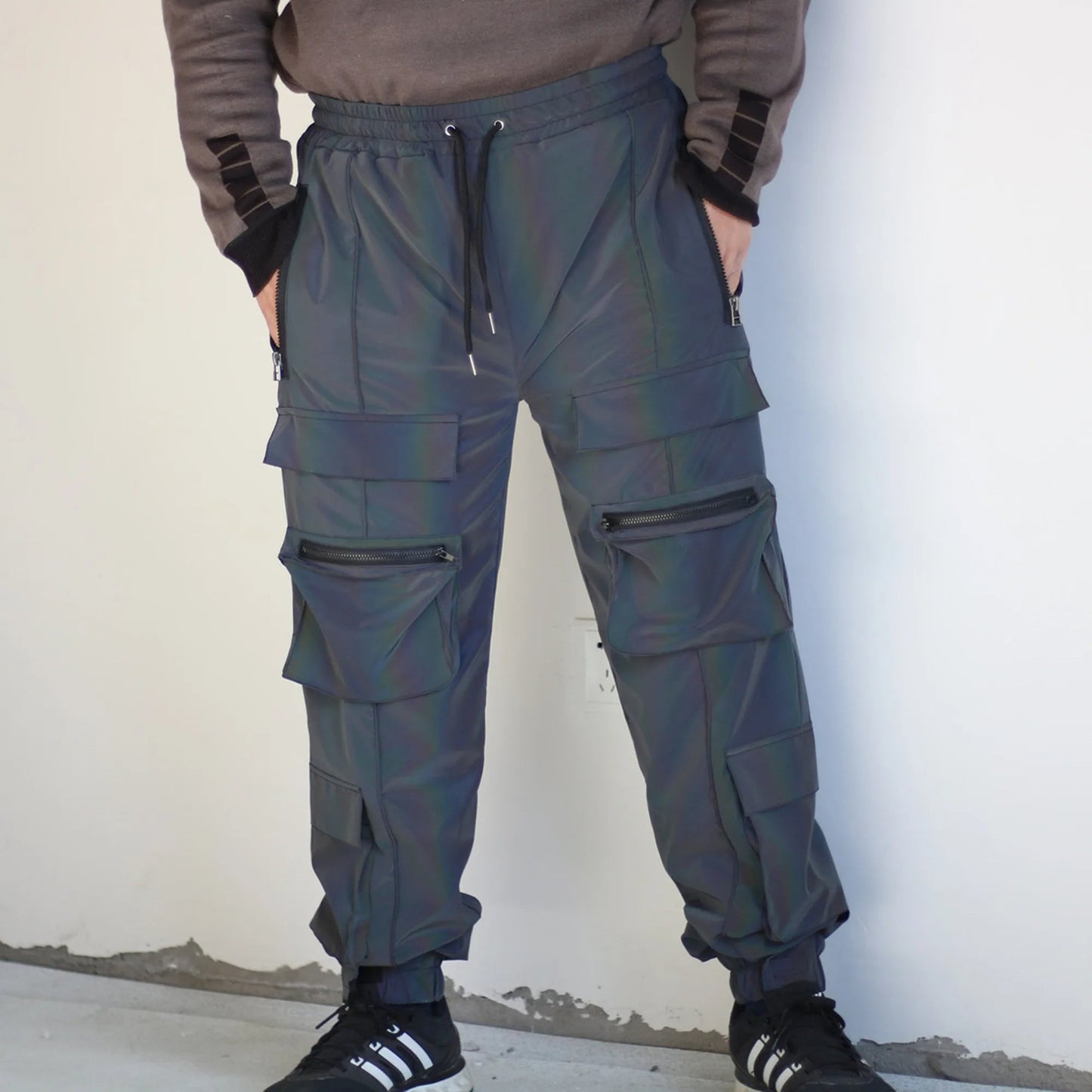 Reflective Geometric Cargo Pants – Holographic Hip Hop Rave Joggers