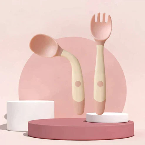 Bendable Training Soft Fork & Spoon for Infants - Food-Grade Silicone Self-Feeding Cutlery Set for Toddlers