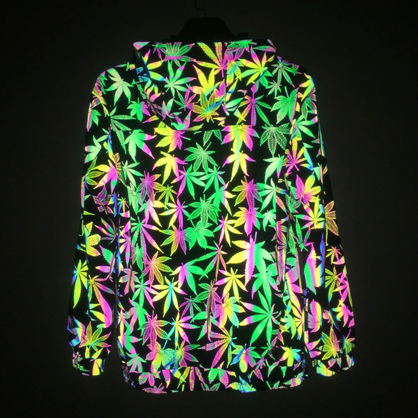 Geometric Reflective Leaf Pattern Jacket – Holographic Unisex Streetwear Coat