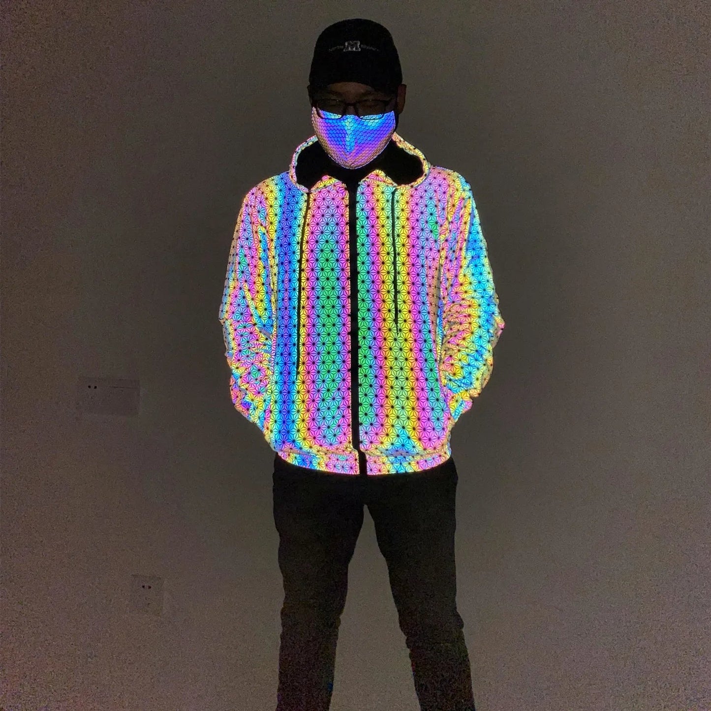 Reflective Geometric Pattern Jacket – Holographic Hip Hop Streetwear Coat