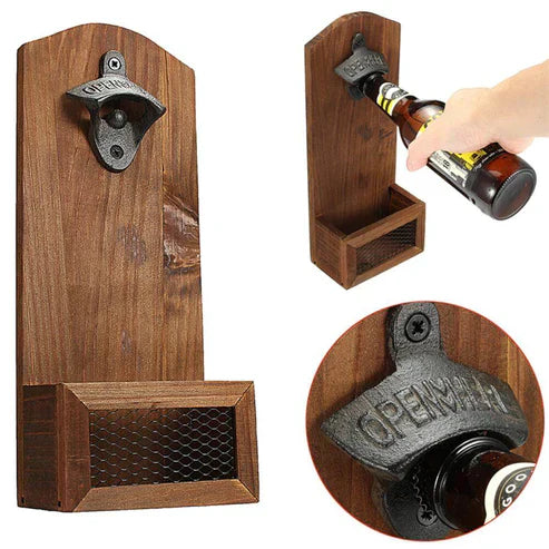 Vintage Wall Mounted Bottle Opener - Rustic Cast Iron Beer Opener with Cap Catcher