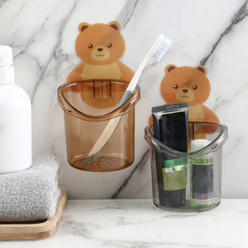 Wall-Mounted Sticky Bear Toothbrush Holder - Self-Adhesive No-Drill Cartoon Bear Bathroom Organizer in 3 Colors
