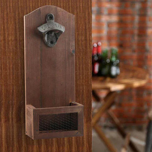 Vintage Wall Mounted Bottle Opener - Rustic Cast Iron Beer Opener with Cap Catcher