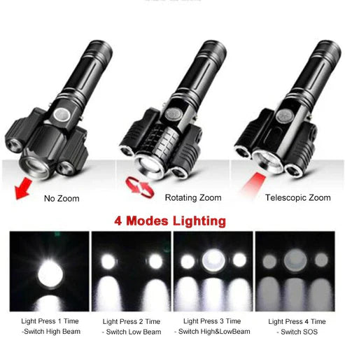 Three Head Rechargeable Rotatable Flashlight - Multi-Angle LED Work Light