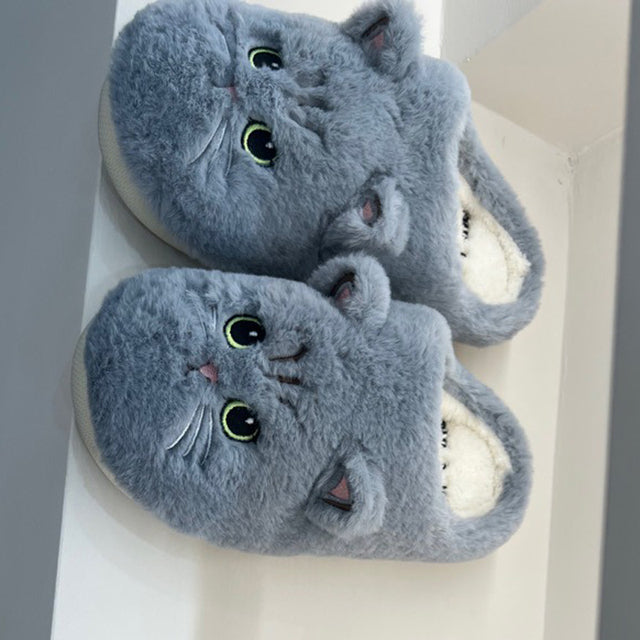 Cute Cat Face Fluffy Fur Slippers – Unisex Indoor Cotton House Slippers