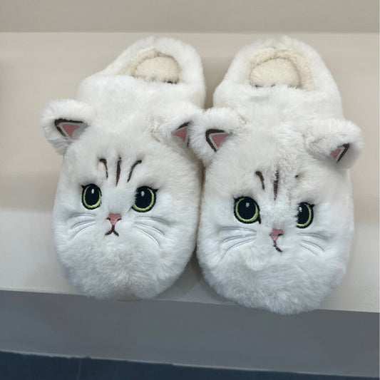 Cute Cat Face Fluffy Fur Slippers – Unisex Indoor Cotton House Slippers