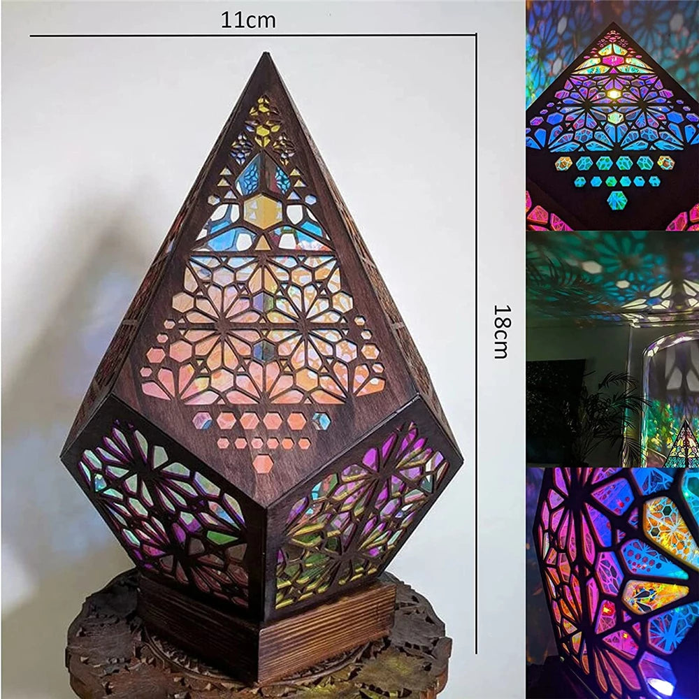 Bohemian Polar Star Projector Lamp – LED Diamond Prism Wooden Night Light