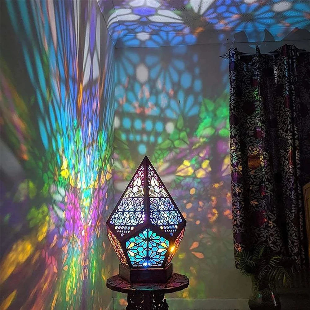 Bohemian Polar Star Projector Lamp – LED Diamond Prism Wooden Night Light