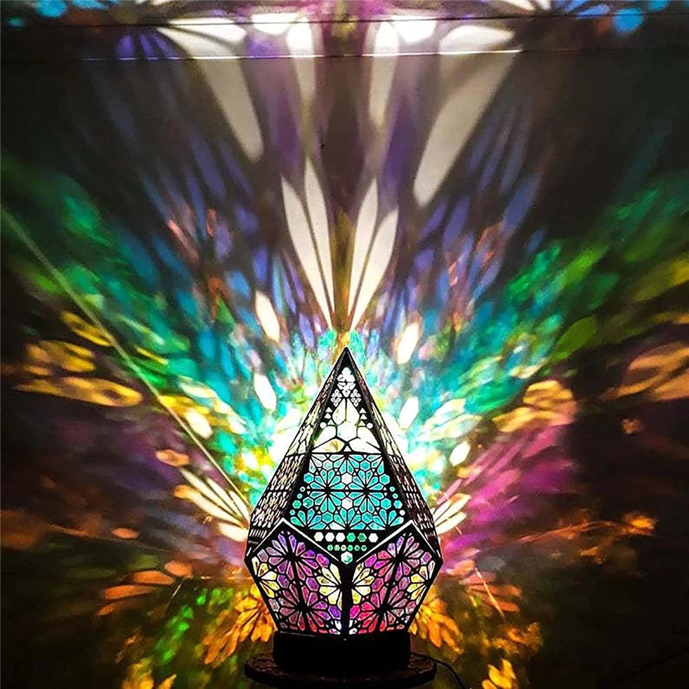 Bohemian Polar Star Projector Lamp – LED Diamond Prism Wooden Night Light