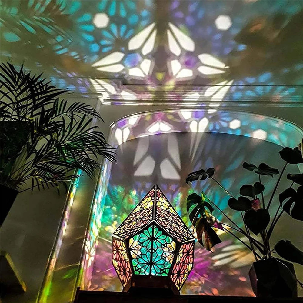 Bohemian Polar Star Projector Lamp – LED Diamond Prism Wooden Night Light