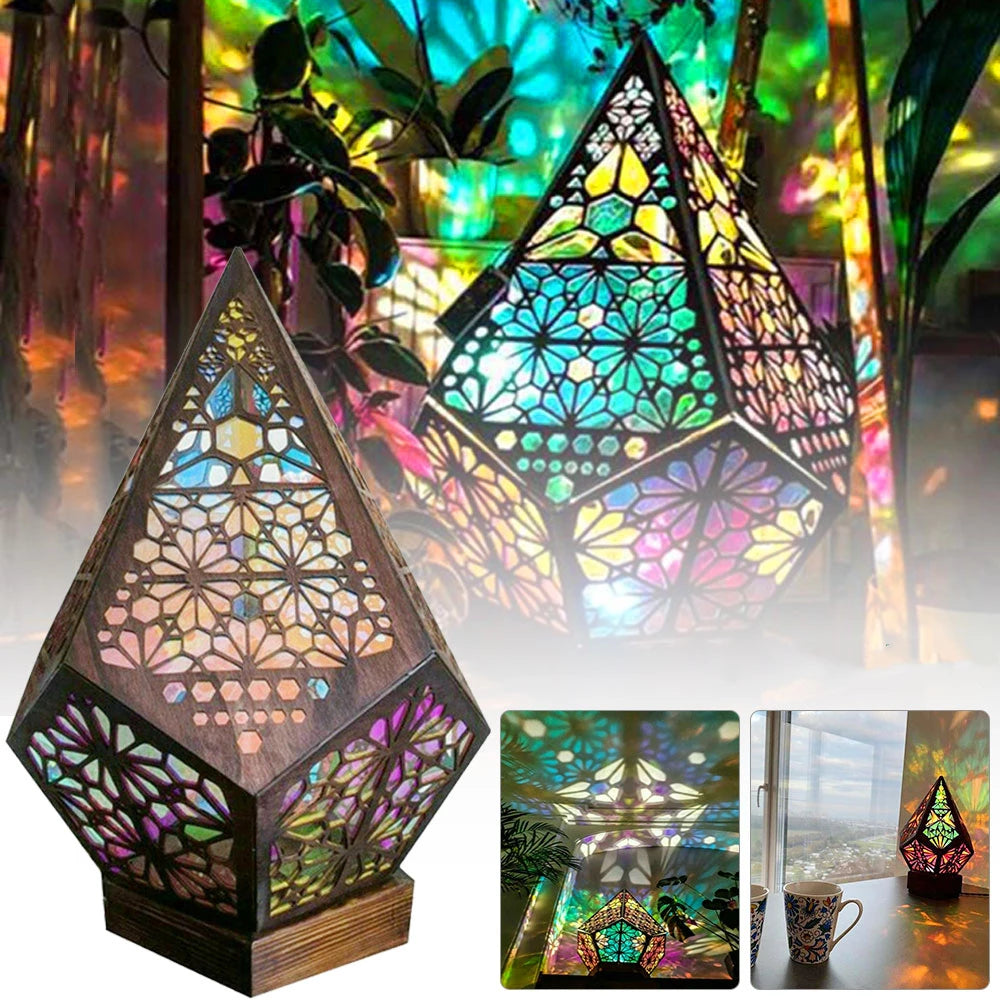Bohemian Polar Star Projector Lamp – LED Diamond Prism Wooden Night Light