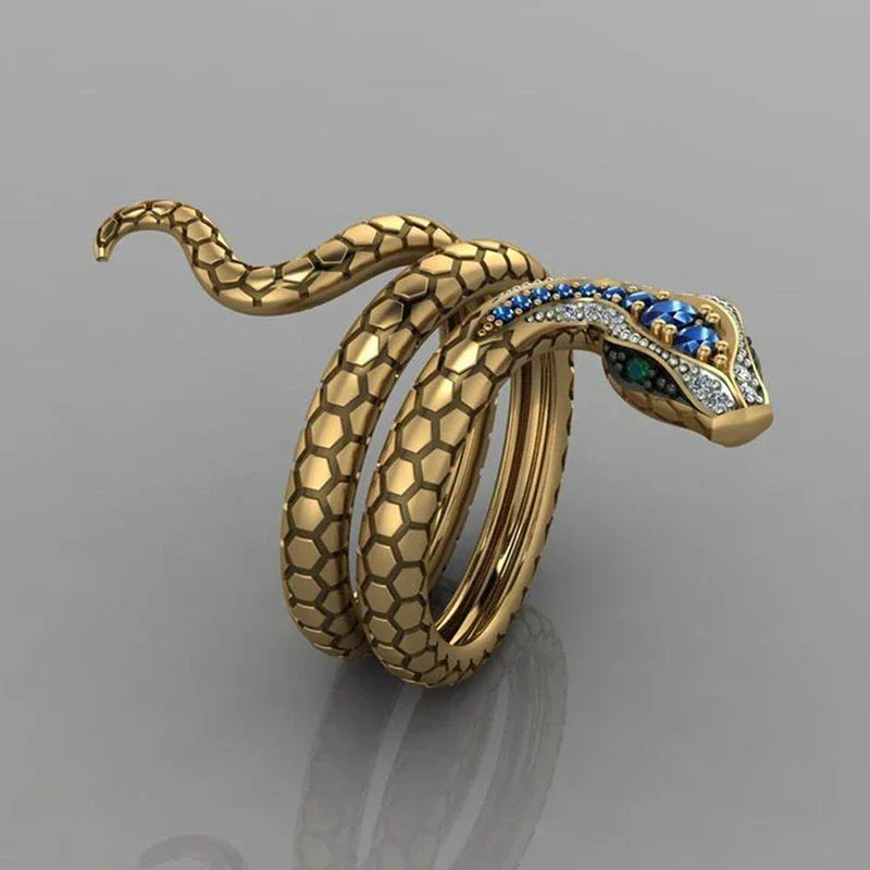 Golden Snake Ring with Blue Rhinestone – Adjustable Charm Jewellery for Men & Women