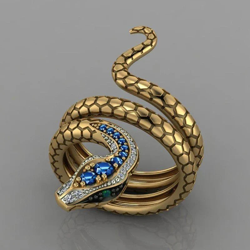Golden Snake Ring with Blue Rhinestone – Adjustable Charm Jewellery for Men & Women