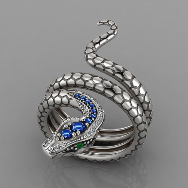 Golden Snake Ring with Blue Rhinestone – Adjustable Charm Jewellery for Men & Women