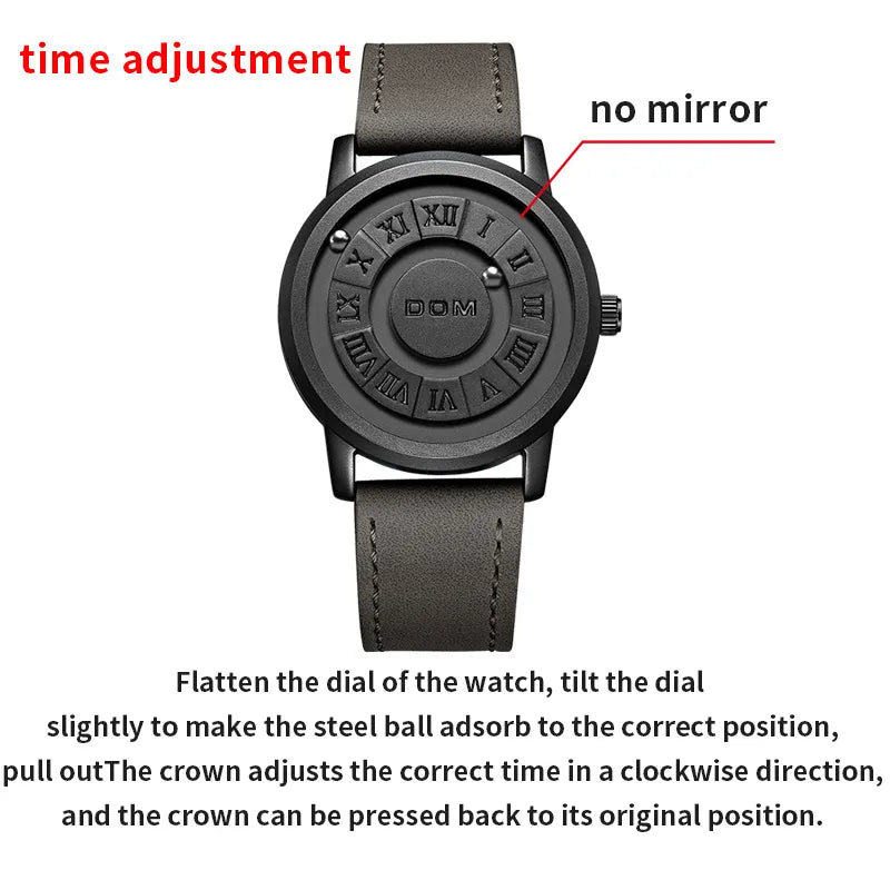 DOM Men's Watch - Creative Magnetic Steel Ball Pointer Orbital Concept Quartz Watch with Leather Strap