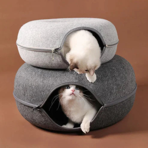 Donut Cat Bed Tunnel - 2-in-1 Foldable Wool Felt Pet Bed & Play Tunnel