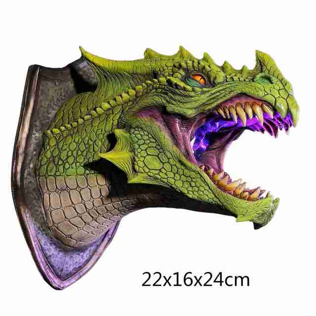 3D Dragon Head Wall Mount with Smoke & LED Light – Faux Taxidermy Dragon Sculpture | Fantasy Home Decor Gift