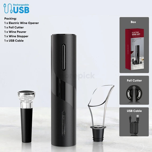 Automatic Electric Wine Bottle Opener – Rechargeable Corkscrew with Foil Cutter Kit