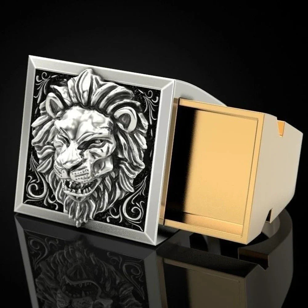 Punk Lion Head & Skull Secret Compartment Ring – Gothic Hidden Storage Men’s Ring