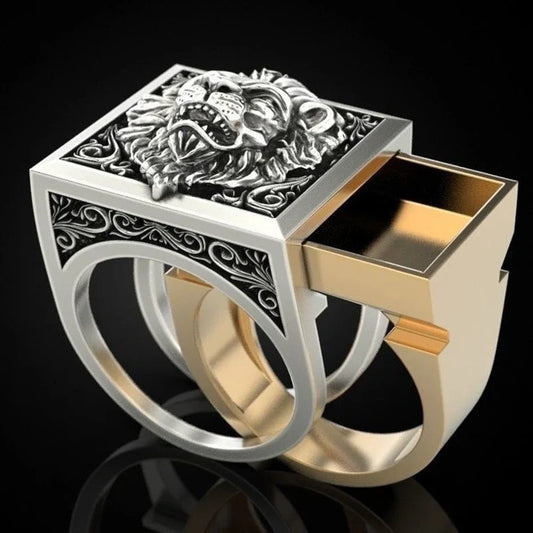 Punk Lion Head & Skull Secret Compartment Ring – Gothic Hidden Storage Men’s Ring