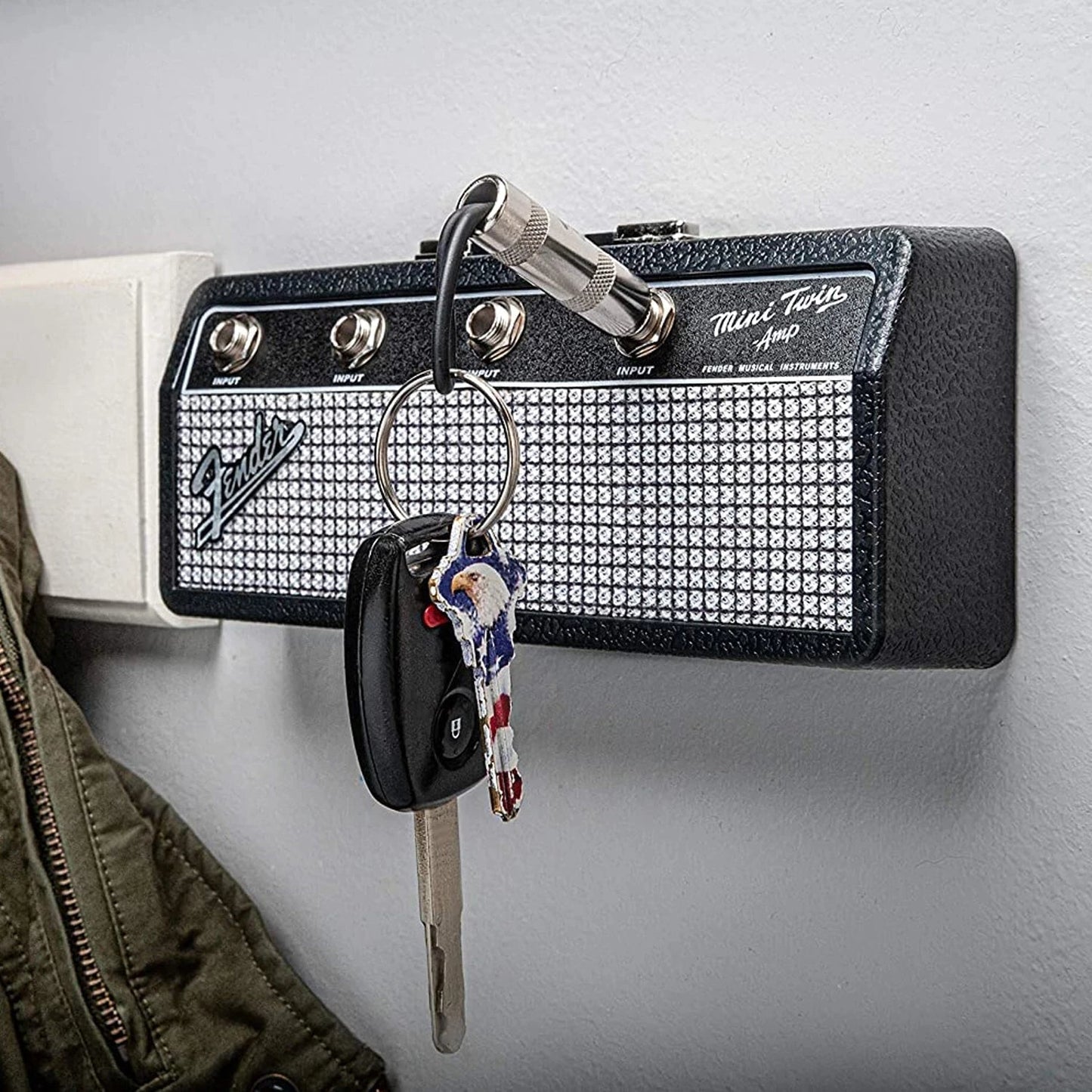 Guitar Jack Rack Wall Key Holder – 4 Guitar Plug Keychains | Music Lover Gift & Home Organiser